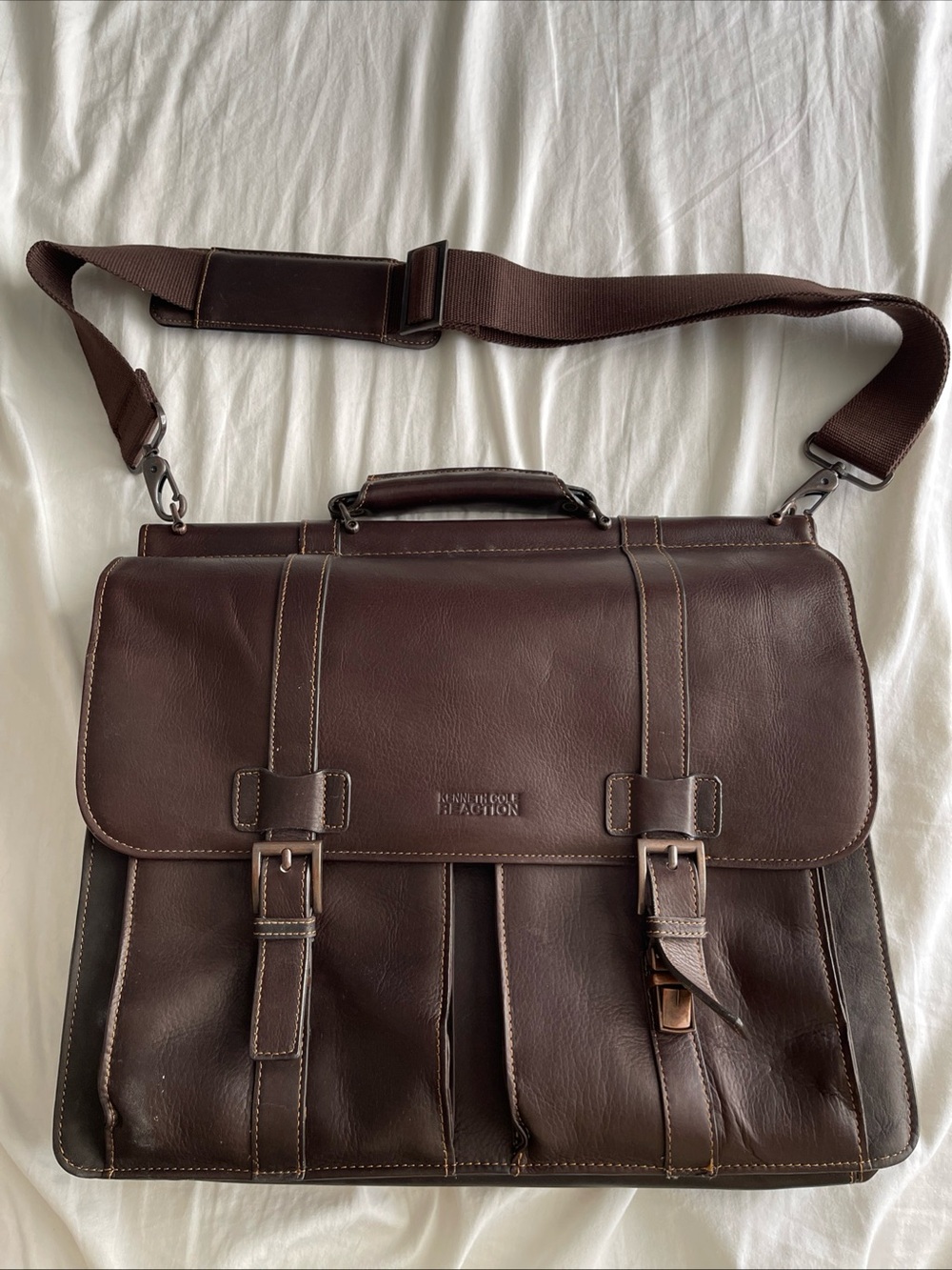 Kenneth Cole Reaction Brown Genuine Leather Laptop Briefcase Messenger Bag Heavy